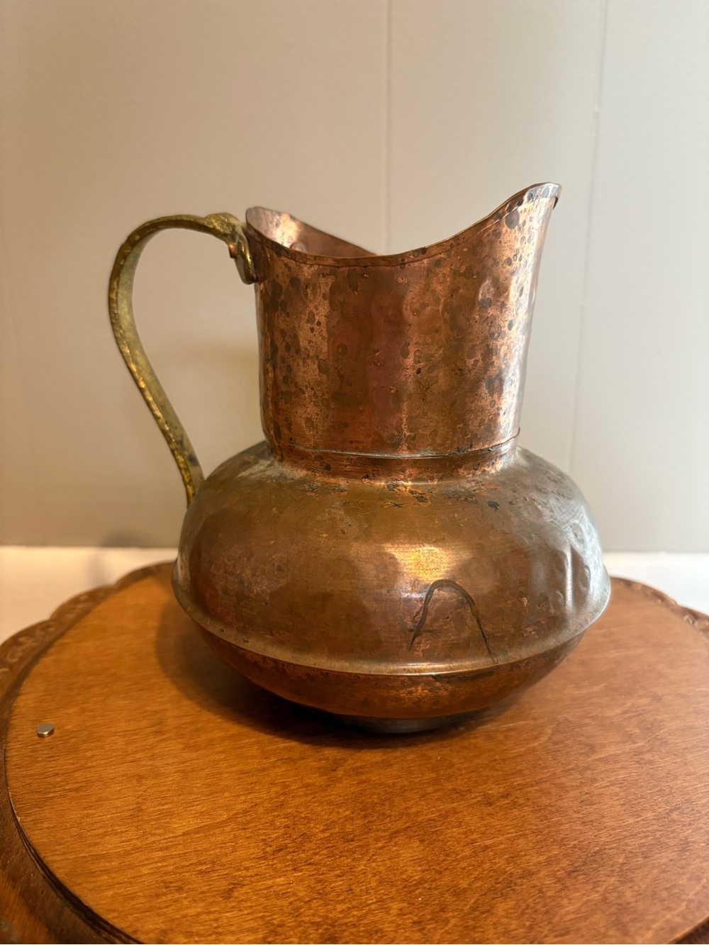 Vintage Hammered Copper Pitcher With Brass Handle